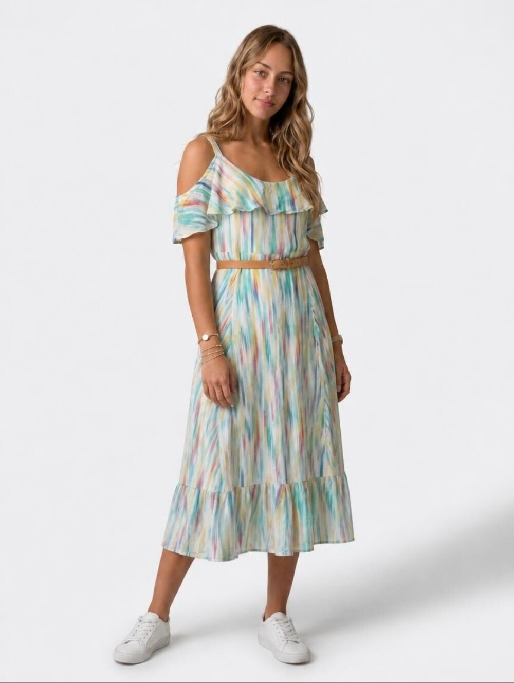 Torrid Pastel Multicolor Cold-Shoulder Ruffle Midi Dress